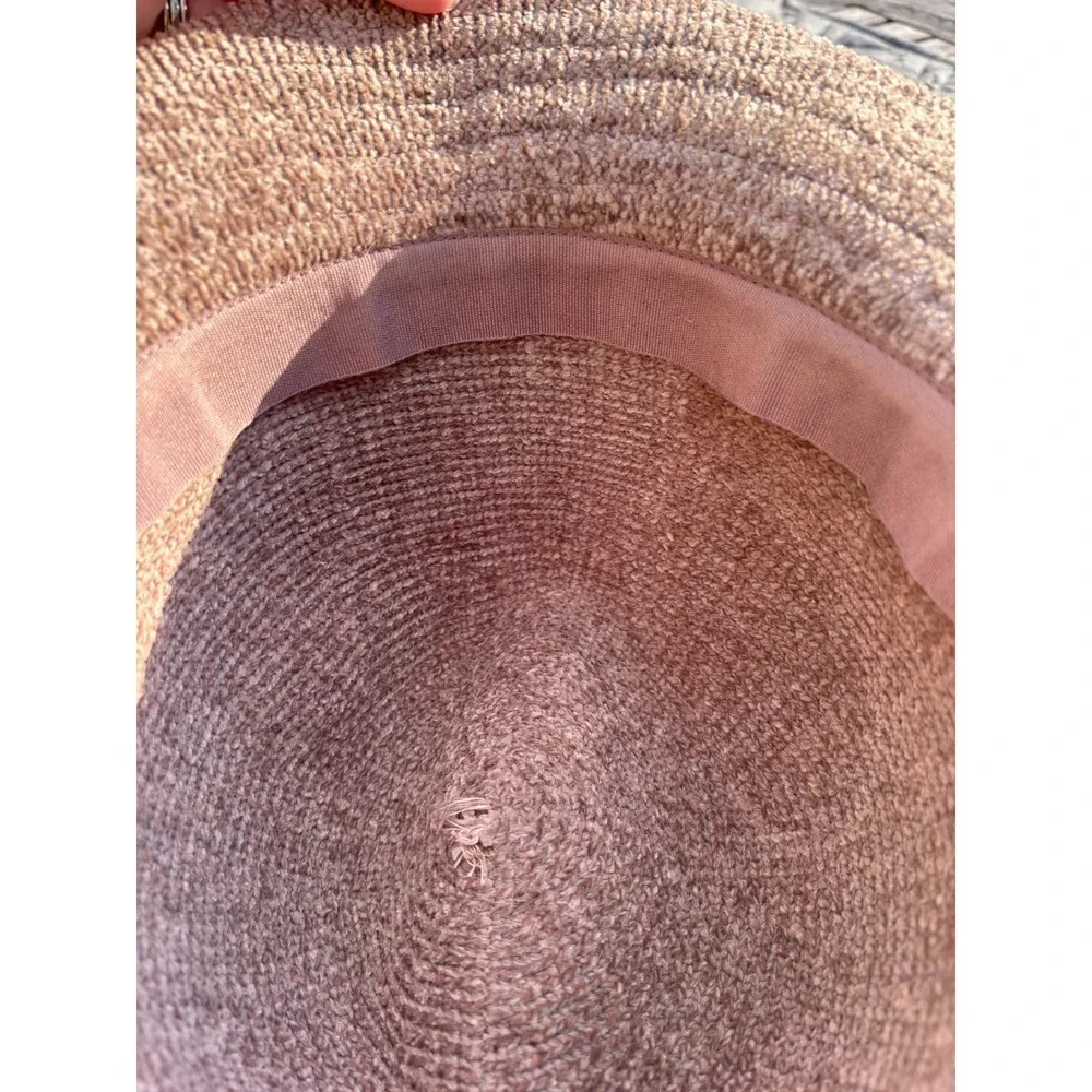 Boho Fedora Hat OS Mauve Brown Polyester Knit Faux Leather Bow Trim Adjustable‎